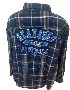 Seattle Seahawks Flannel Plaid Shirt Football 2XL Oversize Unique Blue Upcycled